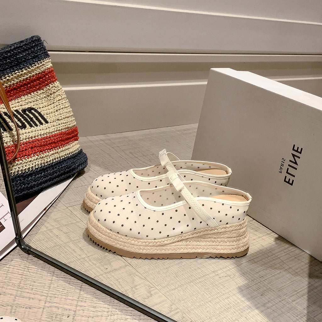 Polka-Dot Mesh Wedge Mules