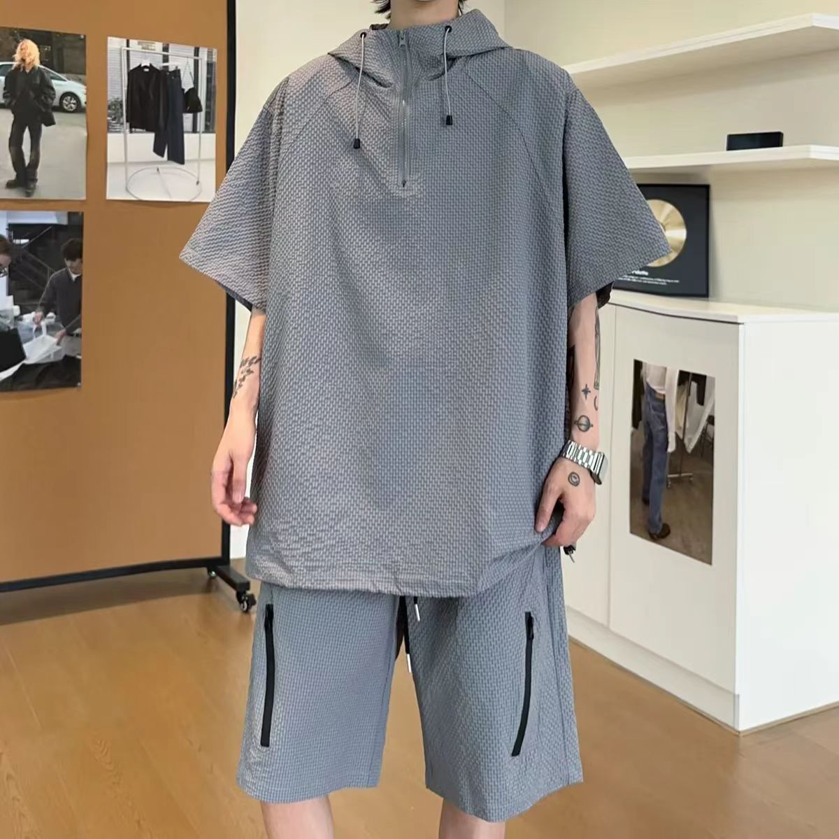 Textured Anorak and Shorts Set