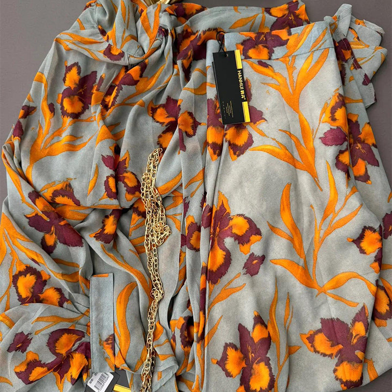 Tie-Neck Lantern-Sleeve Printed Dress