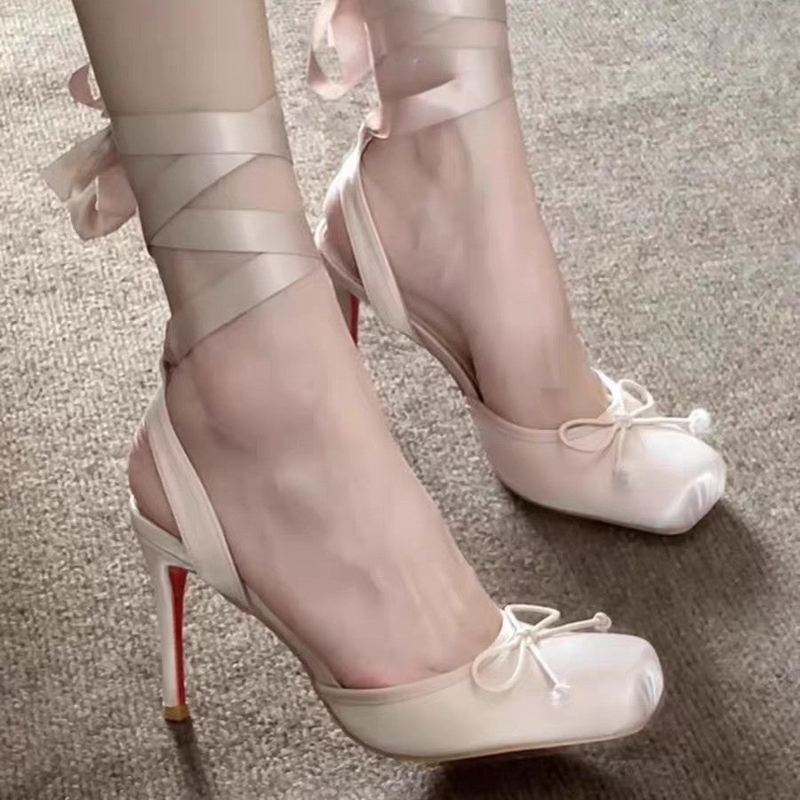Square-Toe Bow Slingback Heels