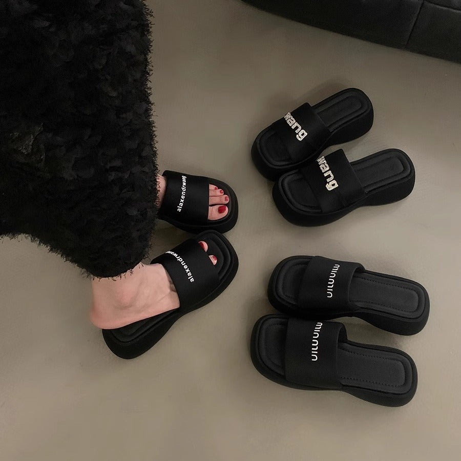 Black Sequin Platform Slides
