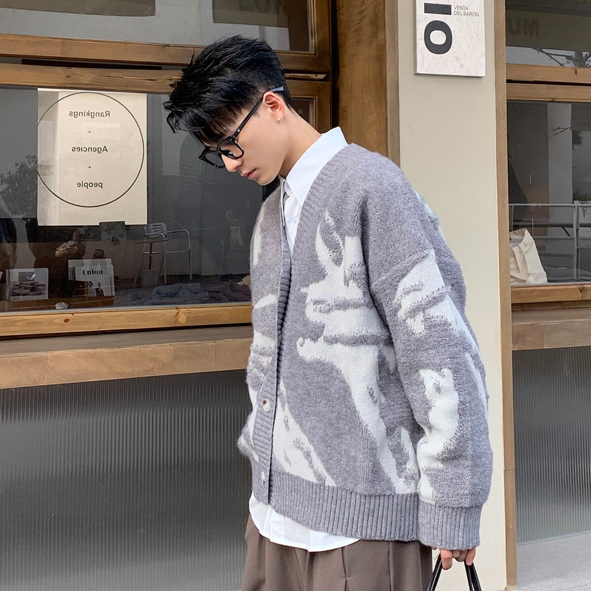 Abstract Knit Oversized V-Neck Cardigan