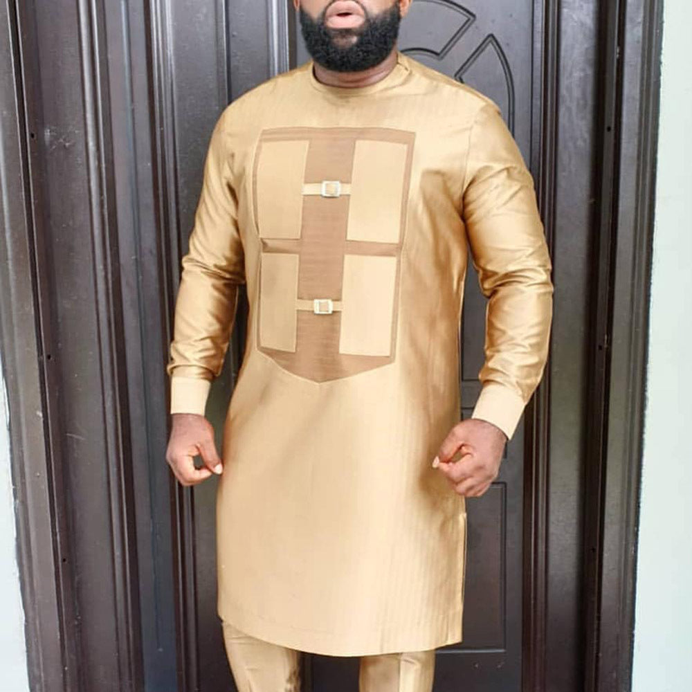 Traditional Muslim African Style Men Wedding New Suit 2 Piece Set Round Neck Long Sleeve Top Plus Pants Foreign Trade