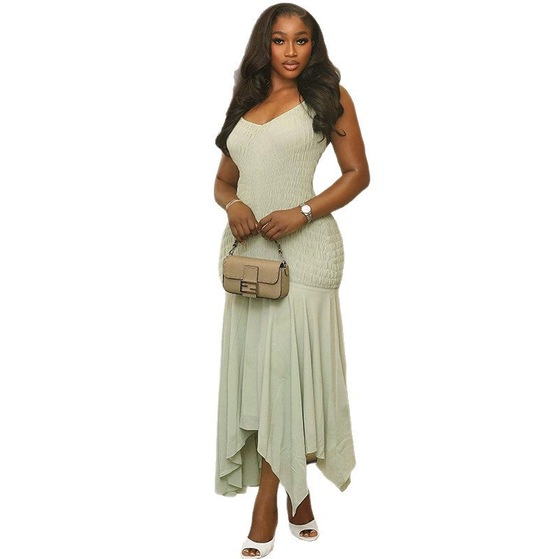 Halter-Neck Asymmetrical Pleated Dress