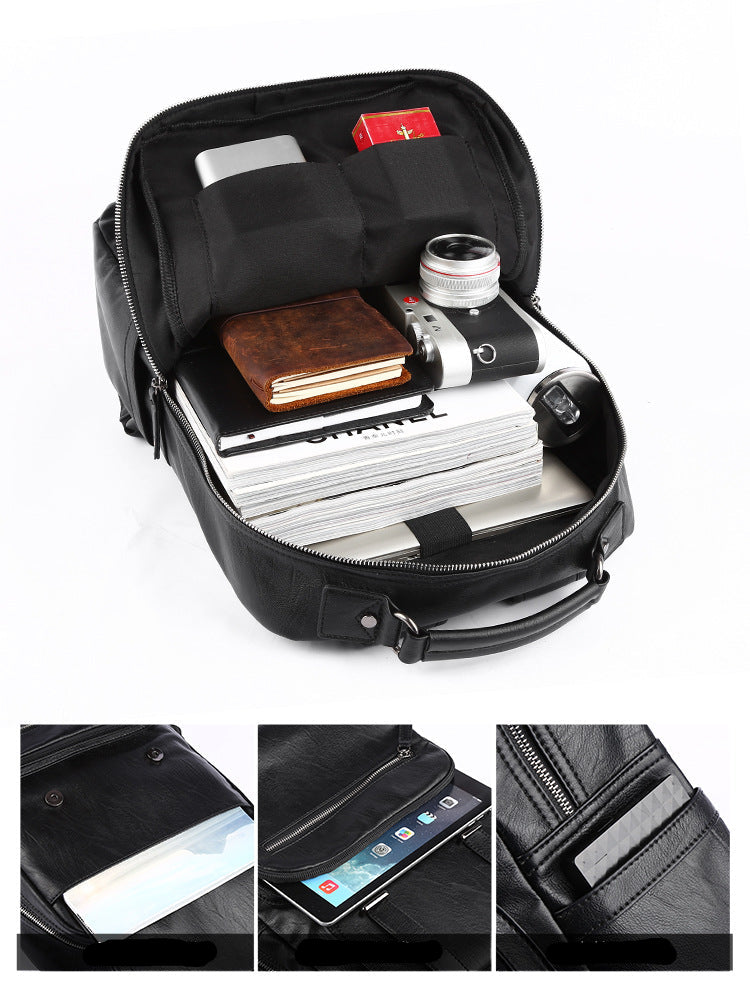 Korean version of men's PU leather backpack for middle school students, simple school bag, fashion trend travel backpack, youth casual men's bag