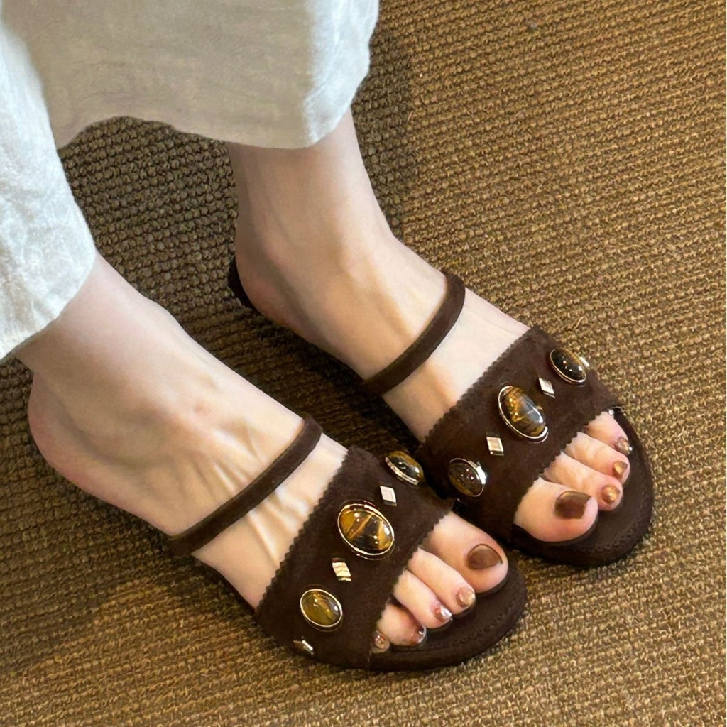 Gemstone Leather Wedge Slides