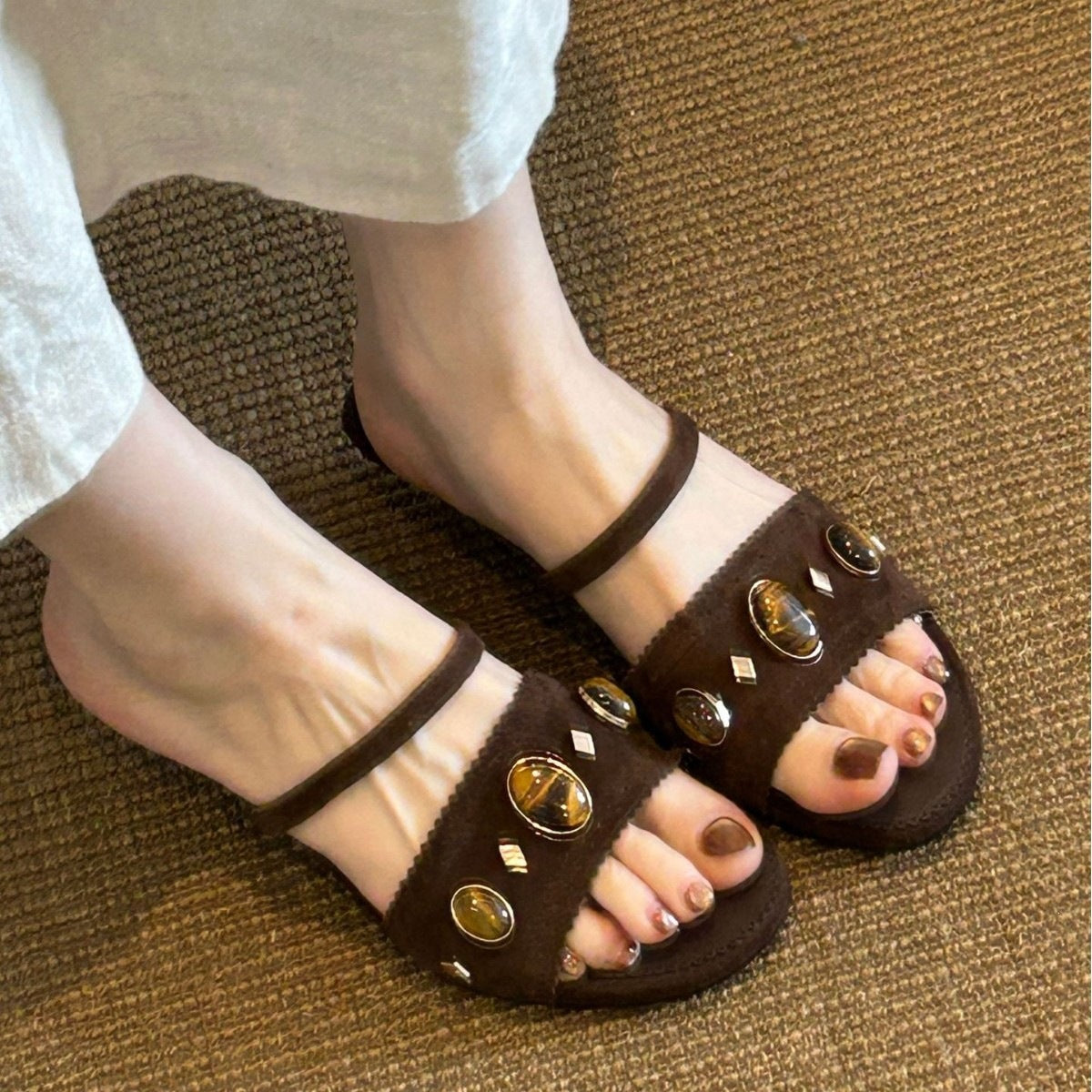 Gemstone Leather Wedge Slides