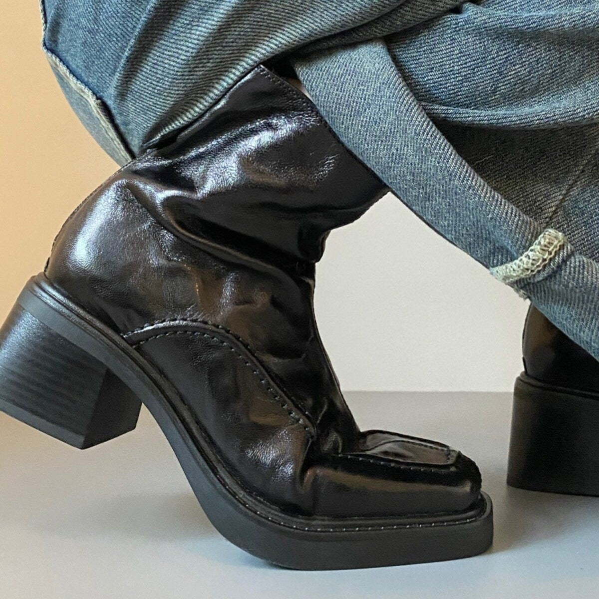 Square-Toe Leather Ankle Boots