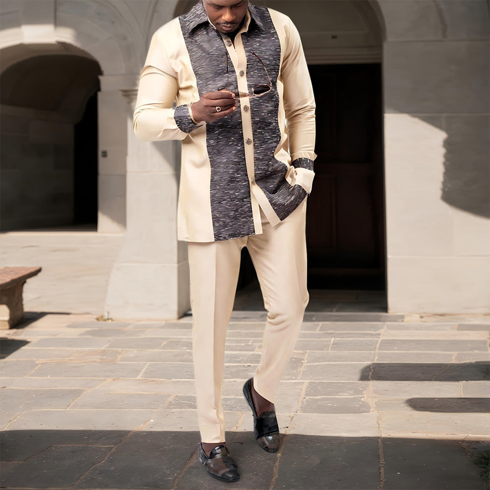 Traditional Muslim African Style Men Wedding New Suit 2 Piece Set Round Neck Long Sleeve Top Plus Pants Foreign Trade
