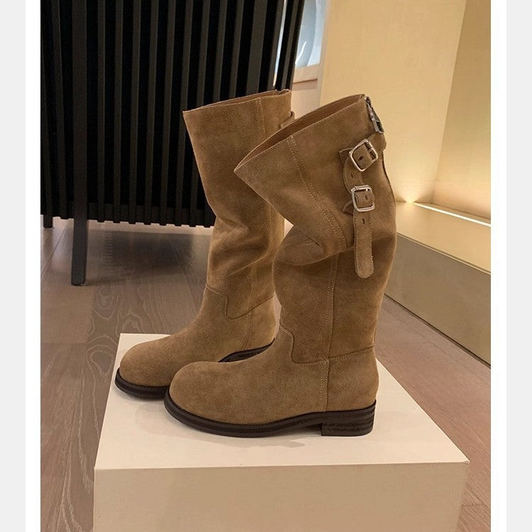 Buckle-Zip Leather Boots