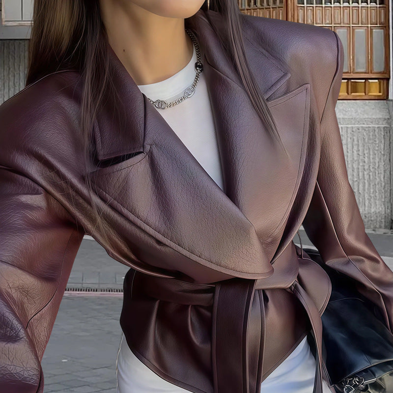 Elegant Faux Leather Wrap Blazer