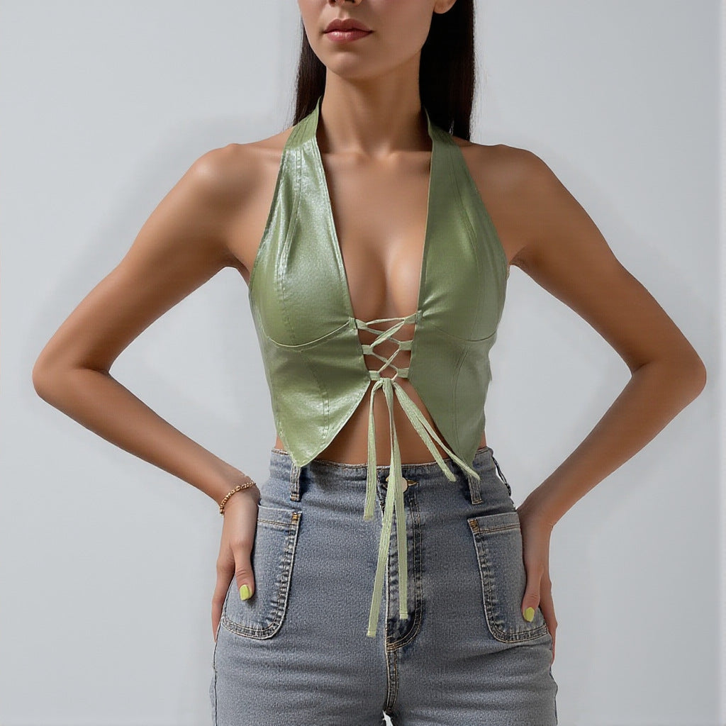 Faux Leather Lace Up Halter Corset Top