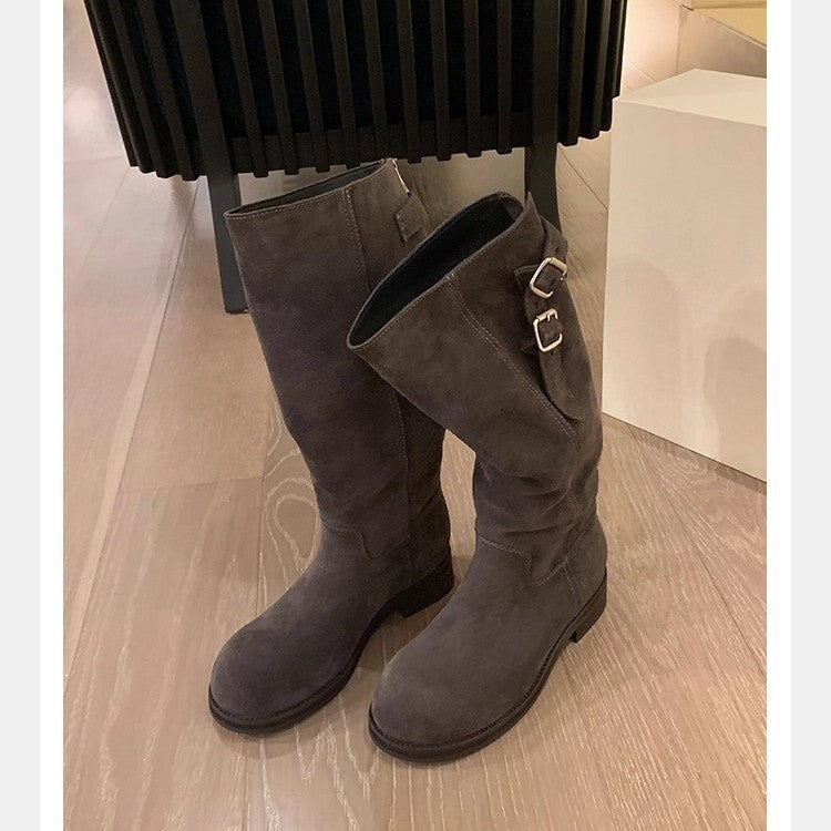 Buckle-Zip Leather Boots