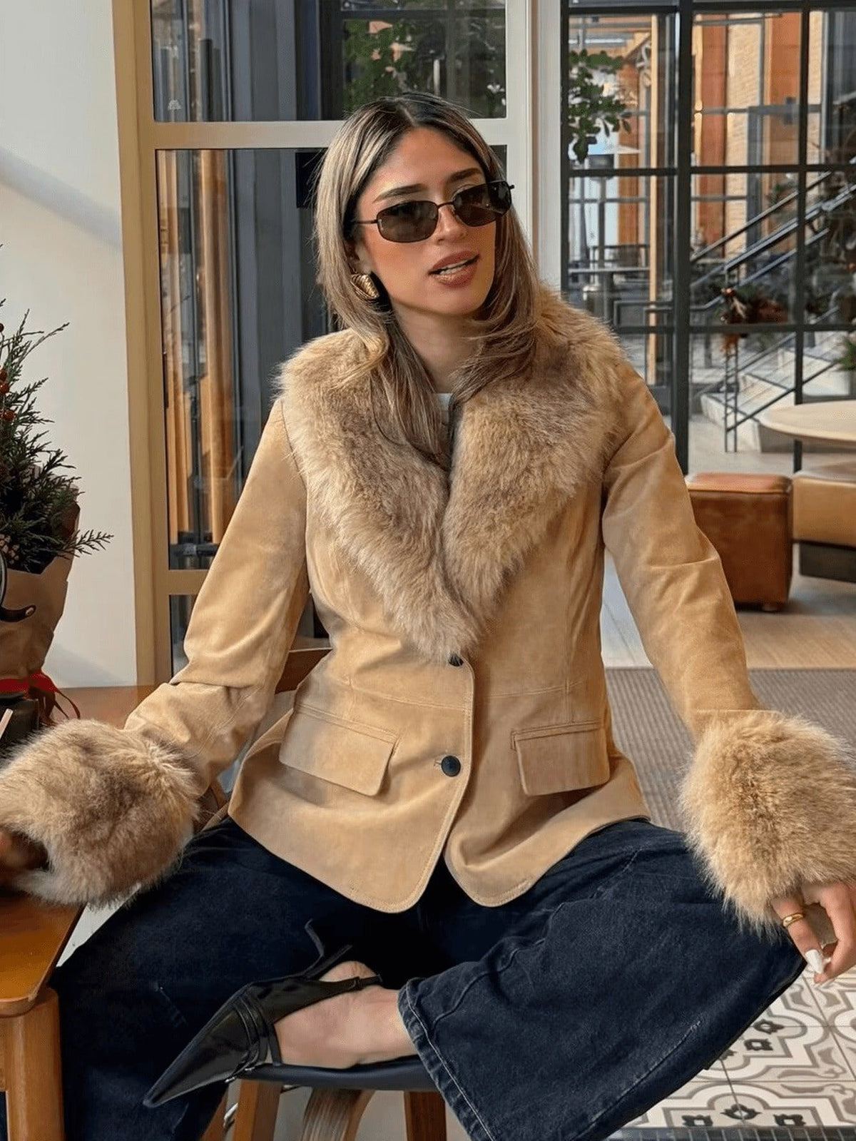 Women's Faux Suede Fur-Trim Blazer