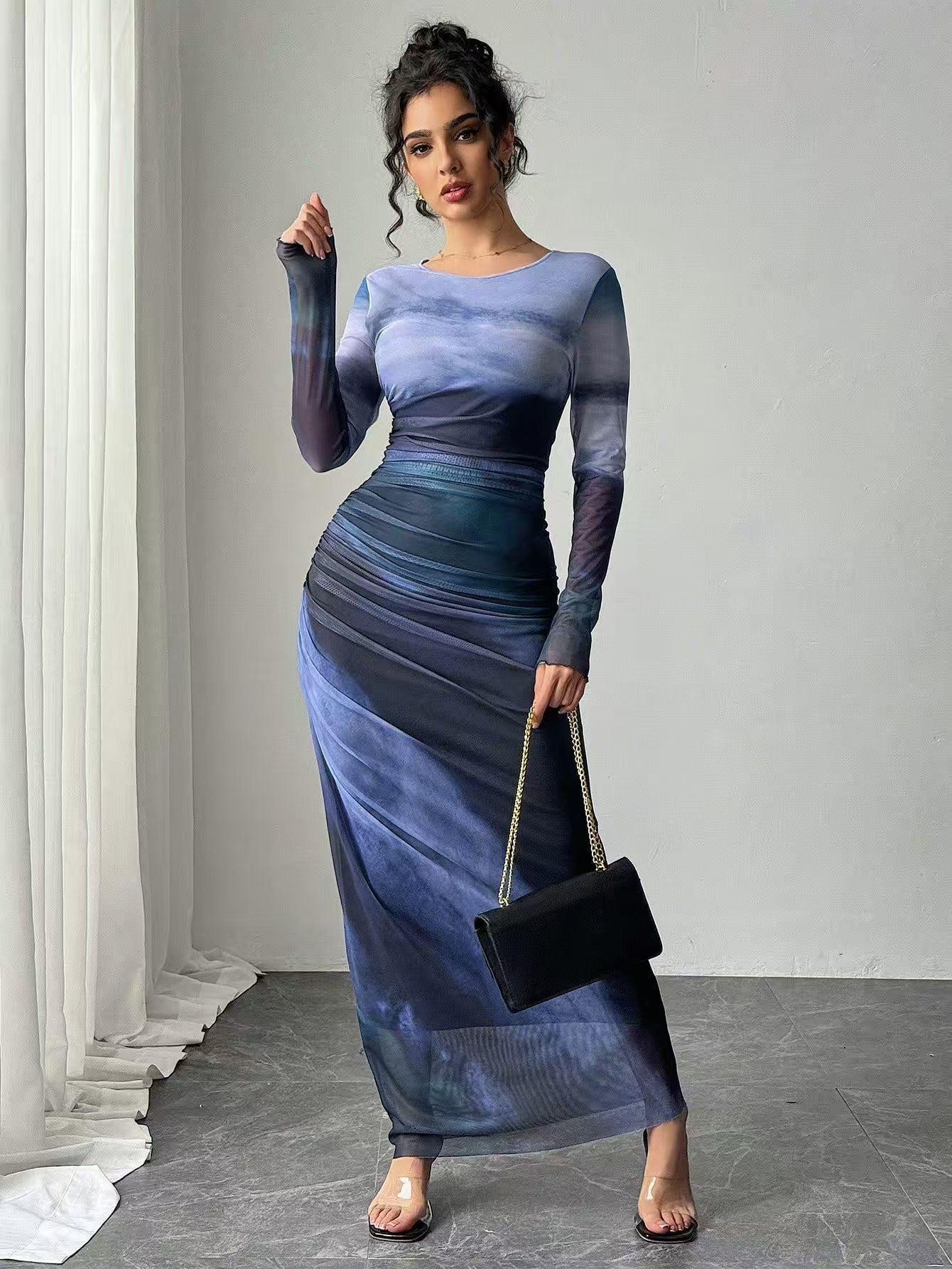 Elegant Printed Mesh Ruched Maxi Dress