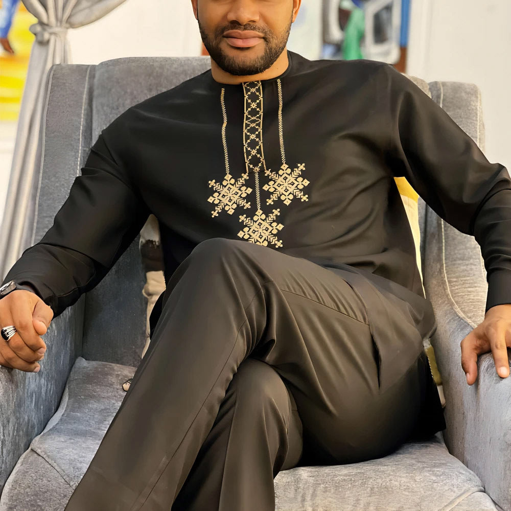 Traditional Muslim African Style Men Wedding New Suit 2 Piece Set Round Neck Long Sleeve Top Plus Pants Foreign Trade
