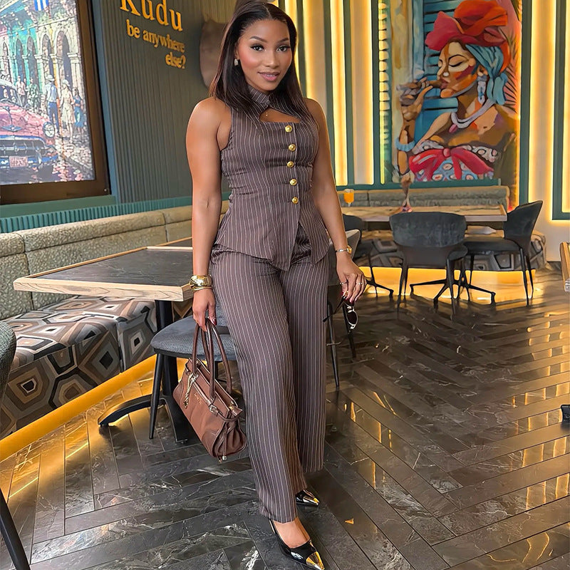 Button Vest & Striped Pants Set
