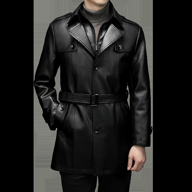 Mid Length PU Leather Trench Coat