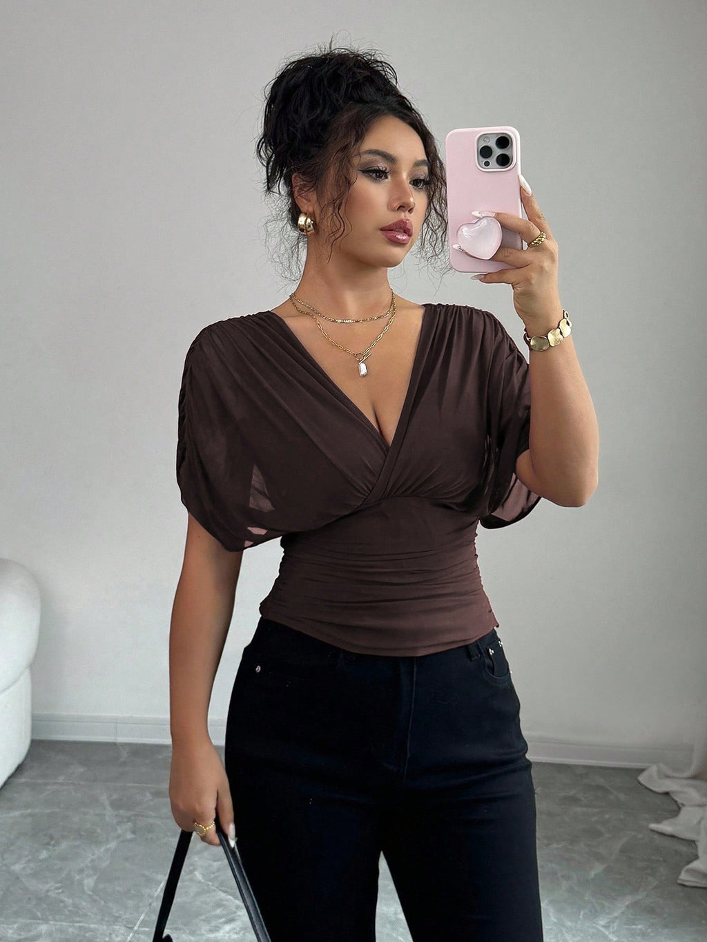 Elegant Ruched V Neck Drape Top