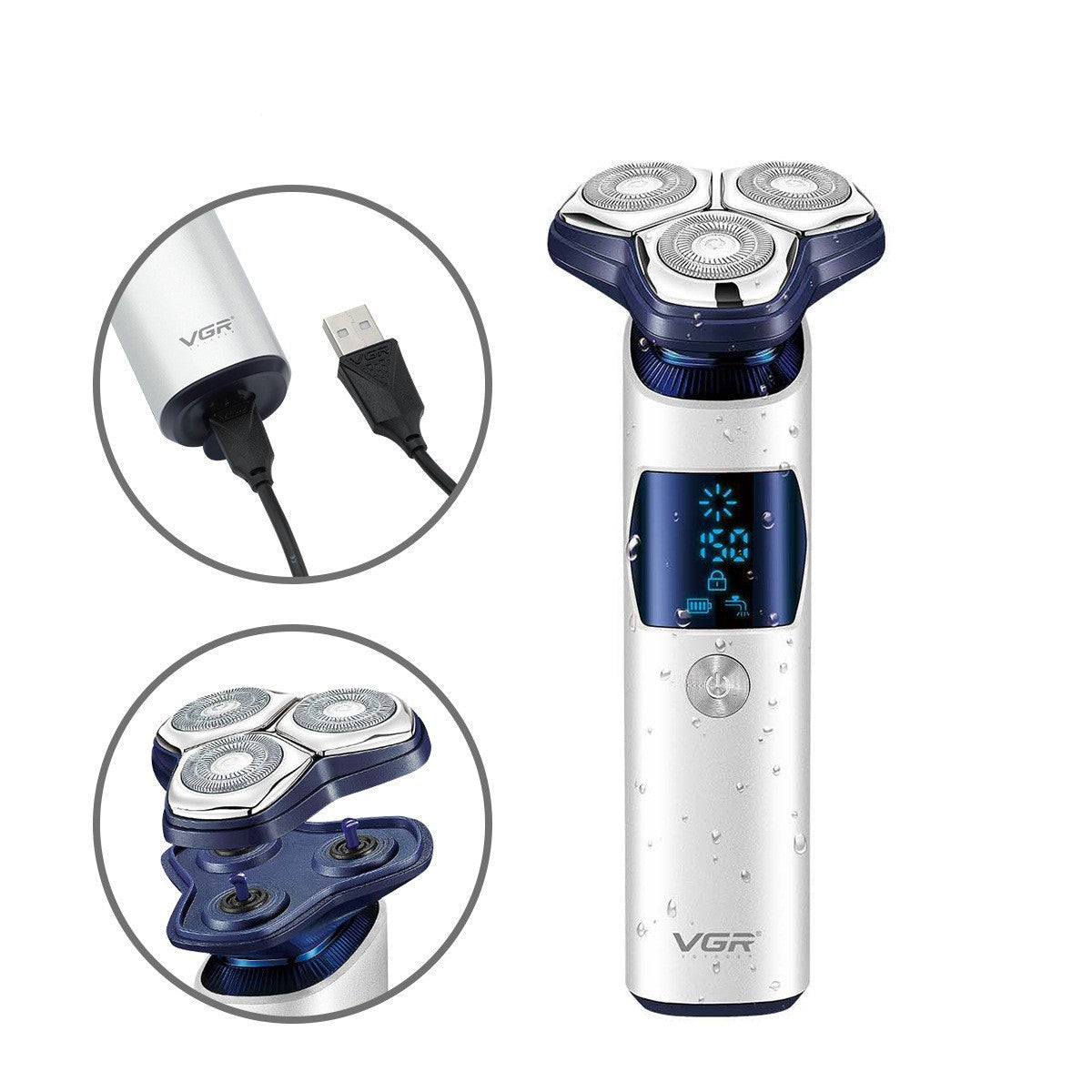 VGR328 Cross-border New Men's Shave LCD Digital Display IPX7 Washed Three-Head Floating Electric Shaver