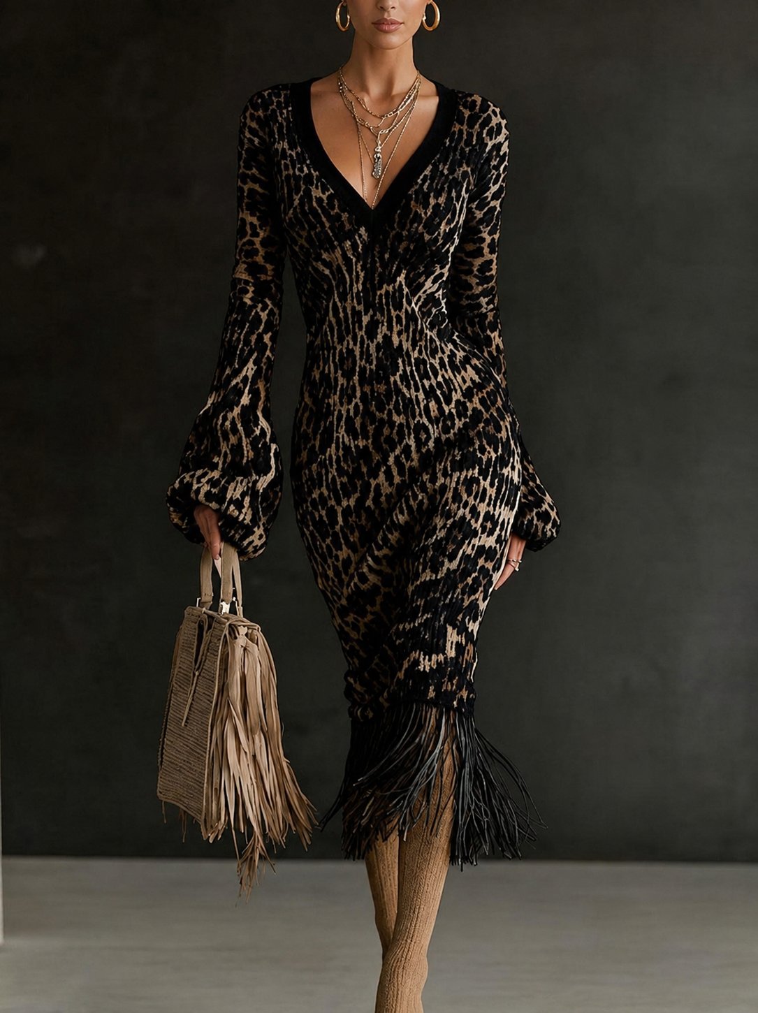 Printed Fringe Knit Dress