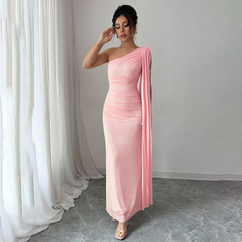 Elegant Mesh One Shoulder Draped Maxi Dress