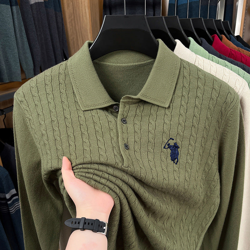 Embroidered Cable-Knit Polo Sweater