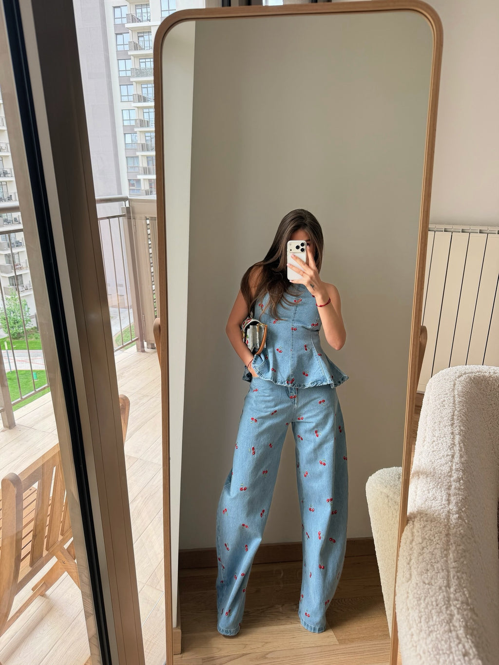 Cherry Print Denim Peplum Top and Wide Leg Pants Set