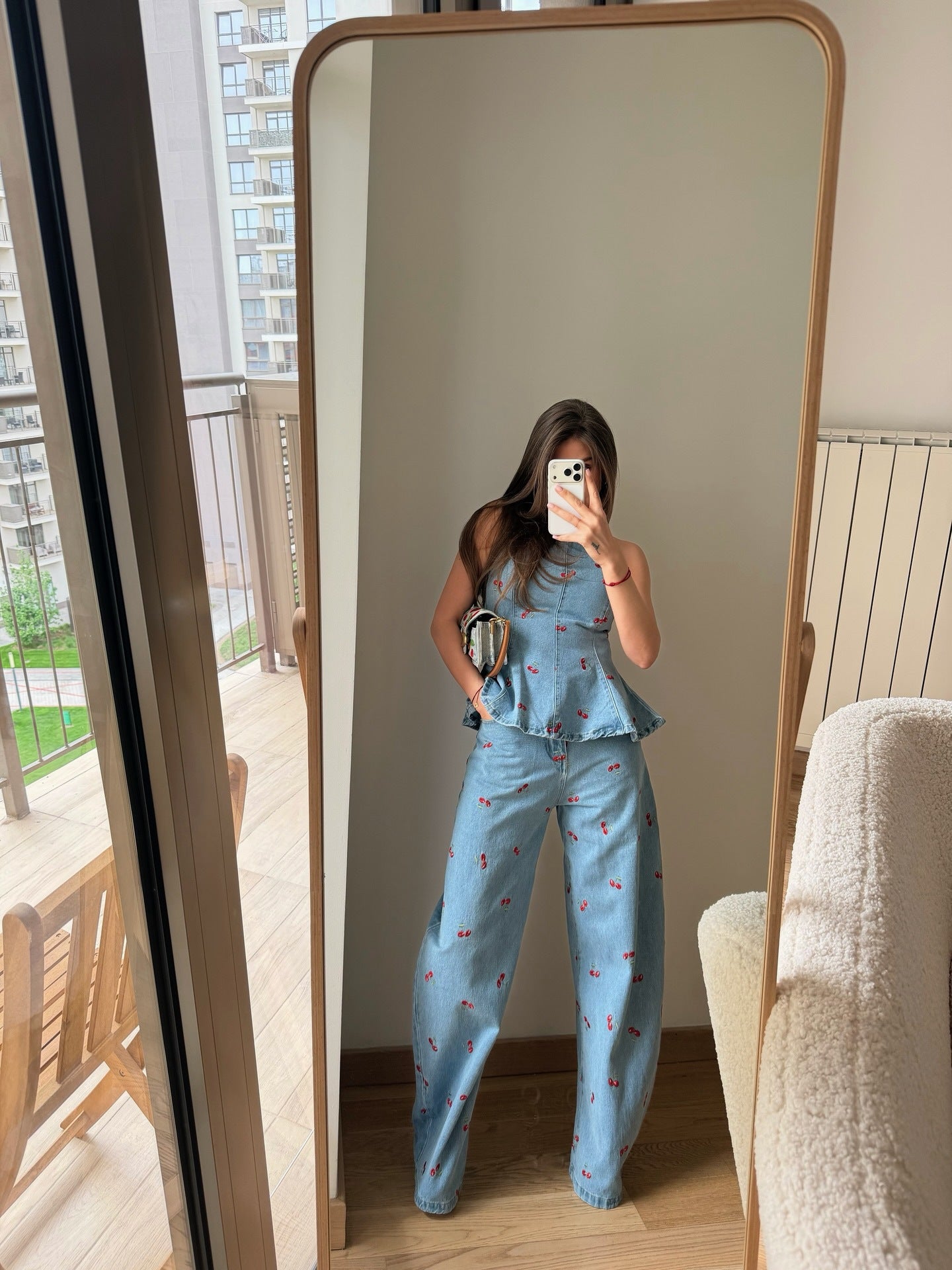 Cherry Print Denim Peplum Top and Wide Leg Pants Set