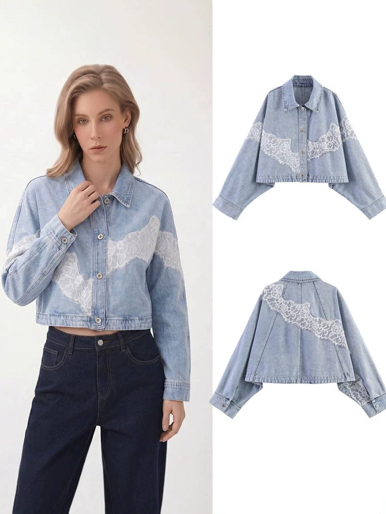 Women's Lace-Panel Cropped Denim Jacket