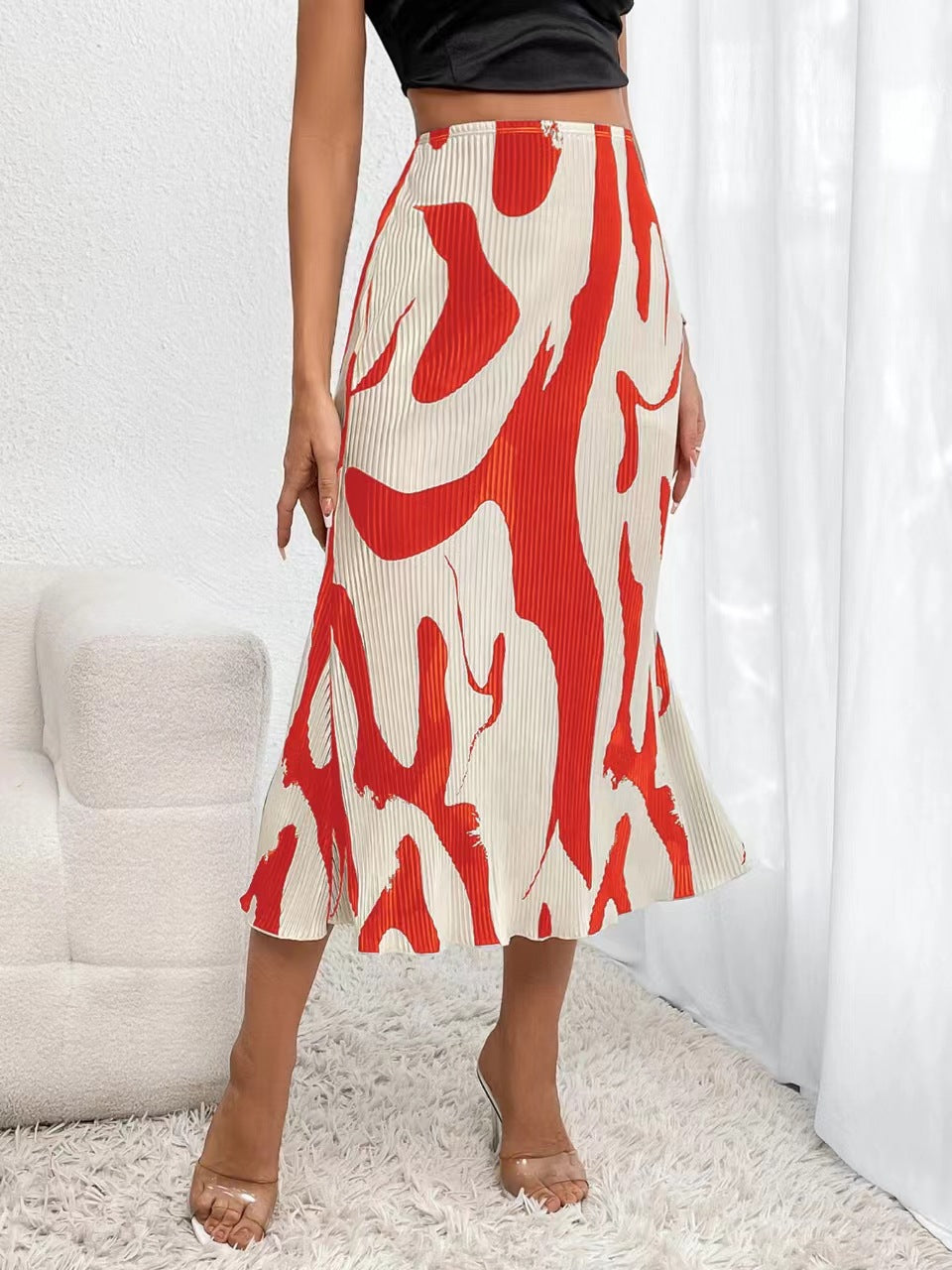 Abstract Print Pleated Midi Skirt