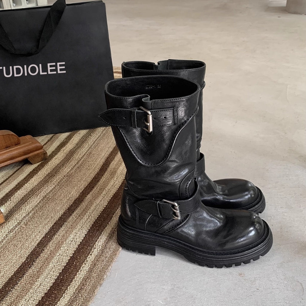Buckle Leather Riding Boots