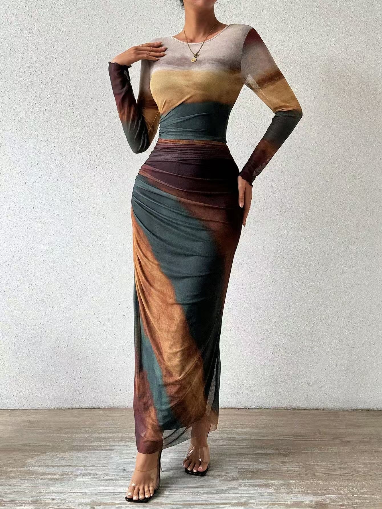 Elegant Printed Mesh Ruched Maxi Dress