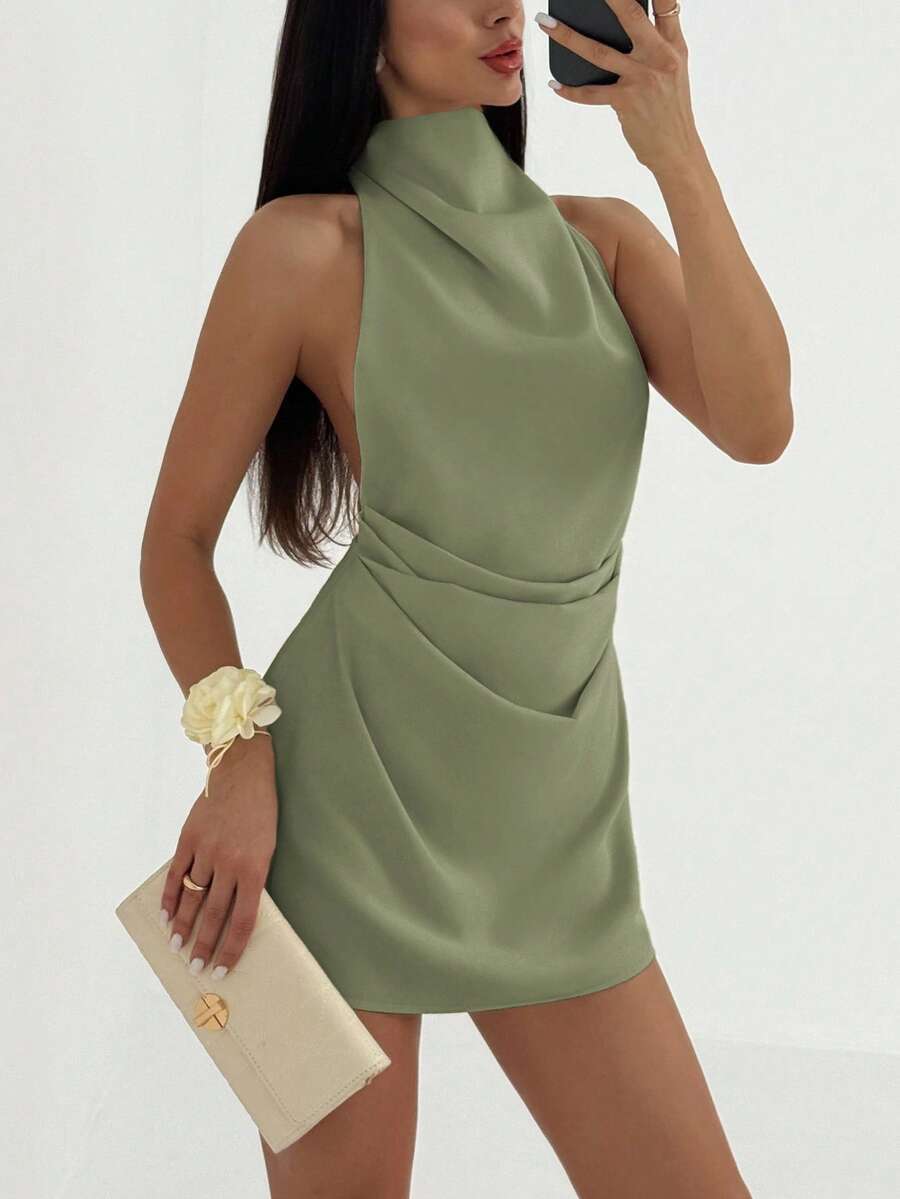Backless Halter Mini Dress - Green