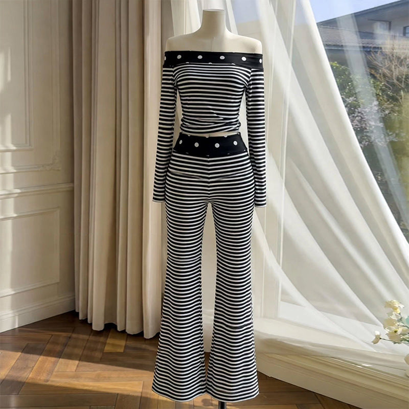 Striped Long-Sleeve Top & Wide-Leg Pants Set