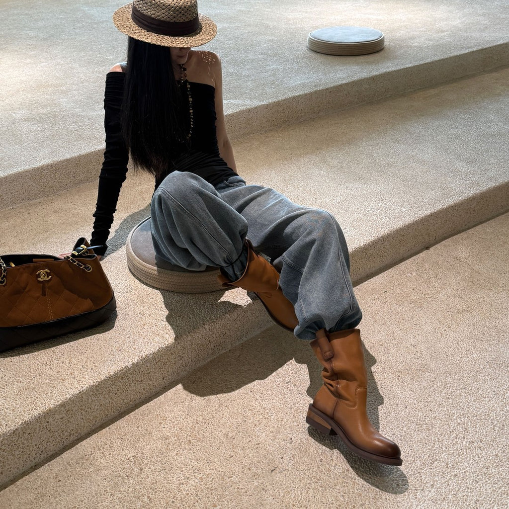 Distressed Pleated Western Boots