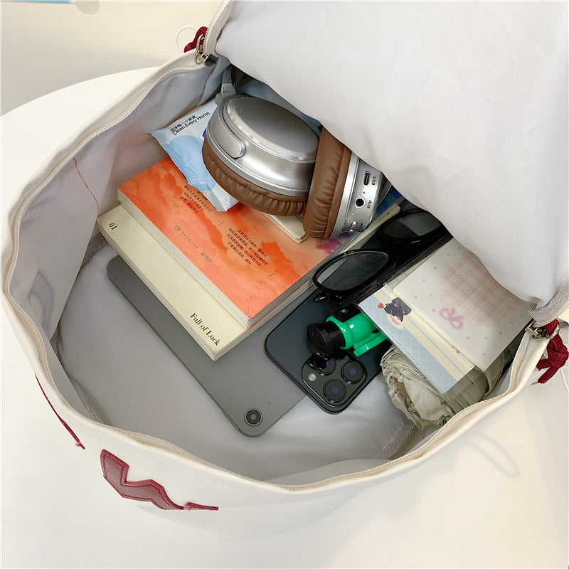 Letter Print Patchwork Backpack With Plush Charm