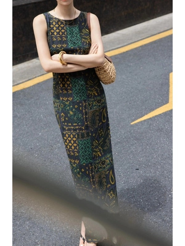 Green Print Sleeveless Maxi Dress