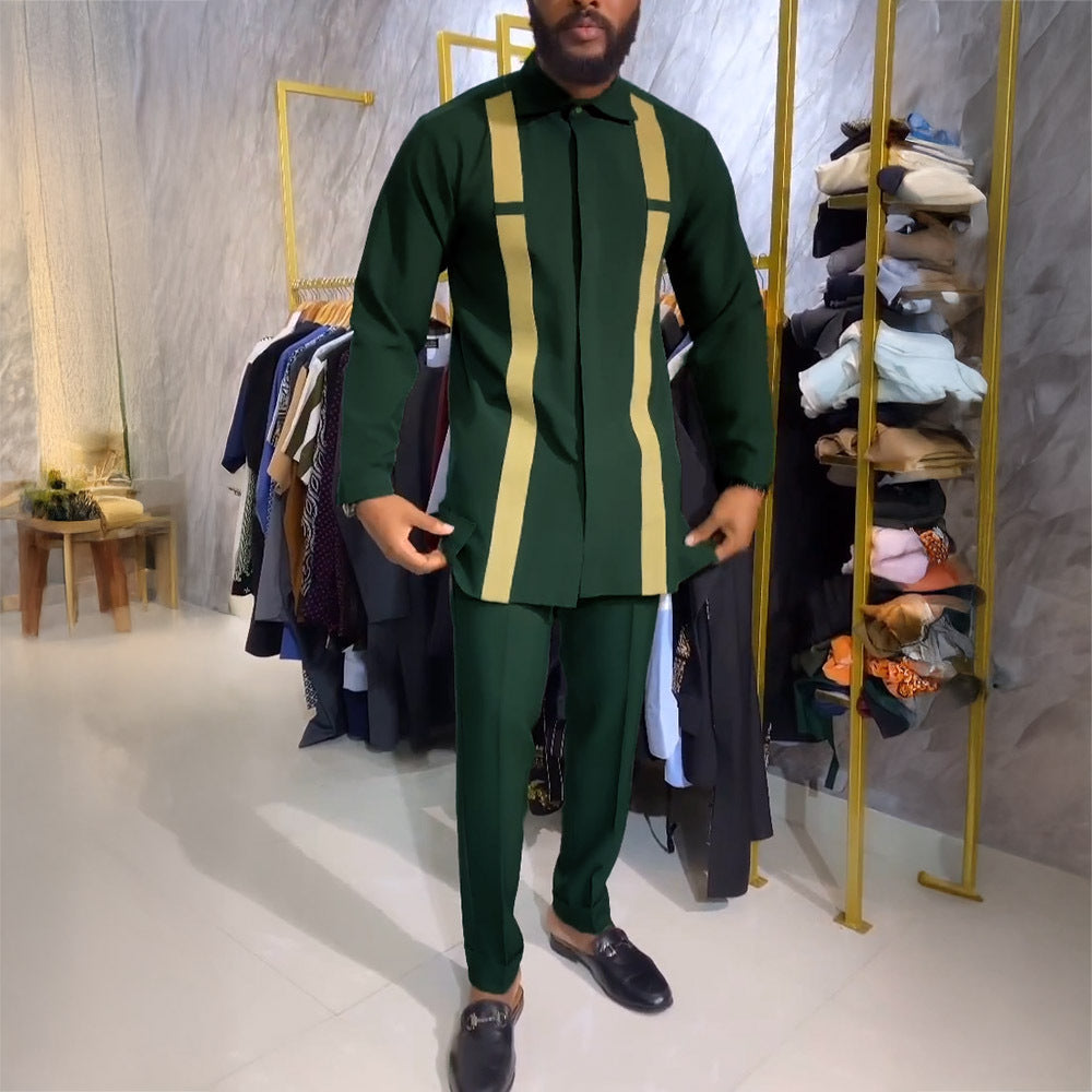 Traditional Muslim African Style Men Wedding New Suit 2 Piece Set Round Neck Long Sleeve Top Plus Pants Foreign Trade