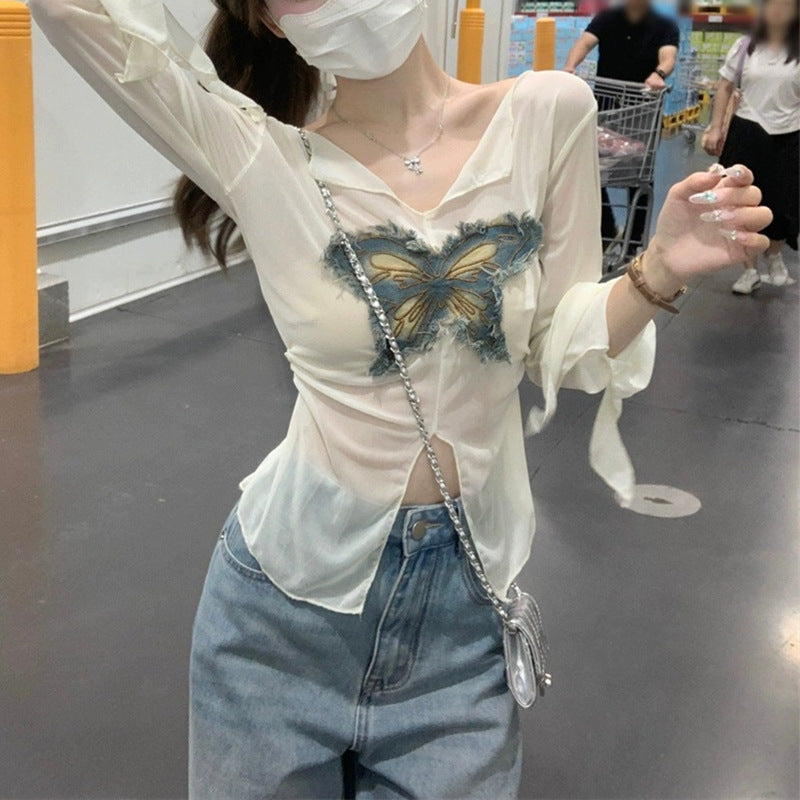 Butterfly Mesh Long Sleeve Blouse