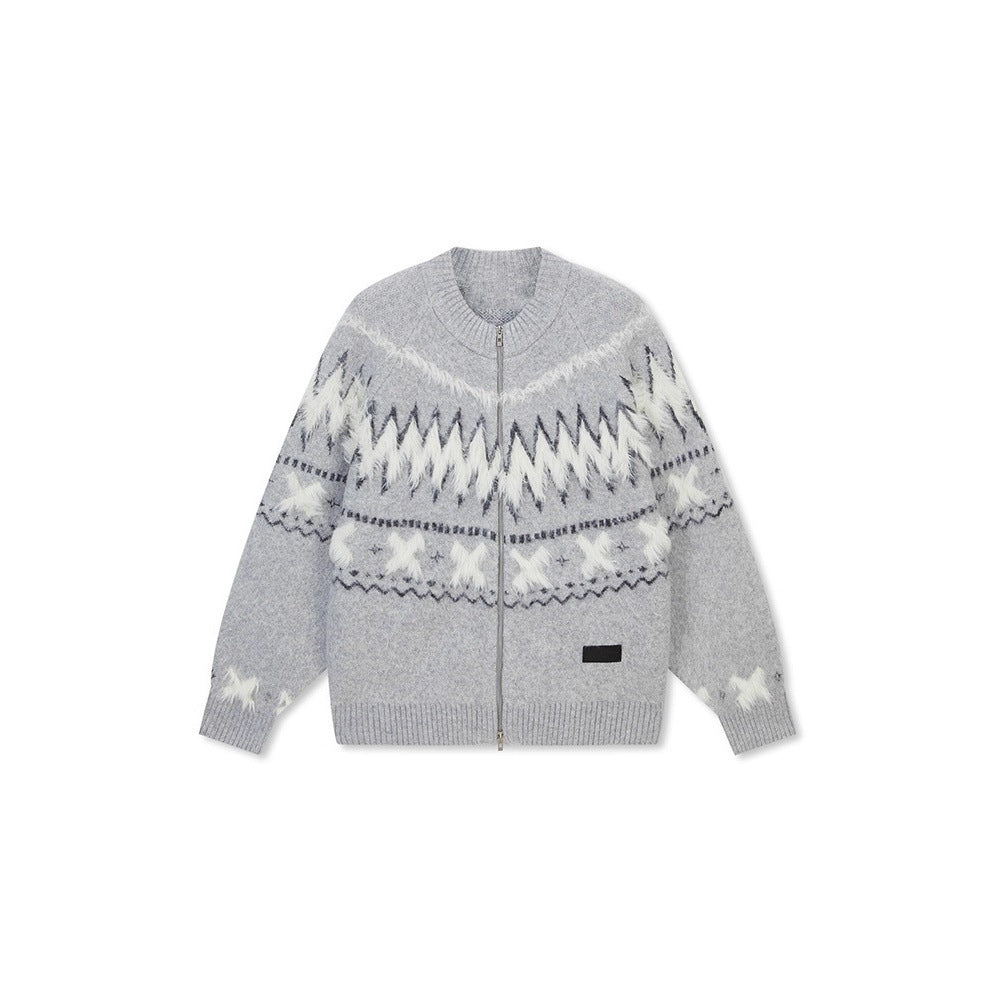 Mohair Fair Isle Zip-Up Cardigan