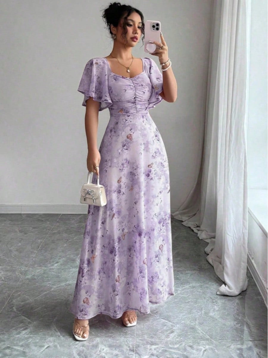 Floral Flutter-Sleeve Maxi Dress - Purple