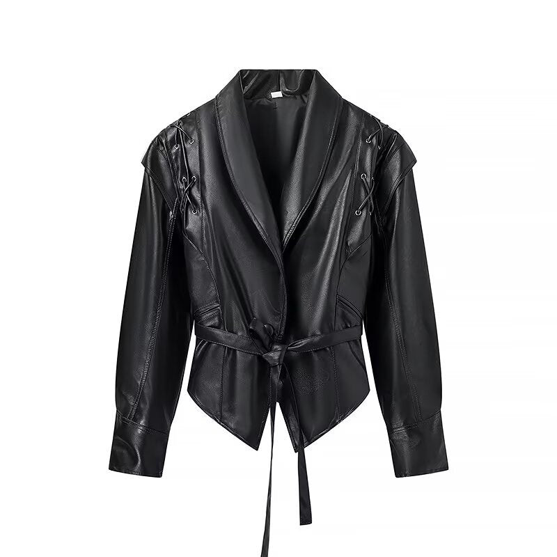 Faux Leather Lace Up Blazer Jacket