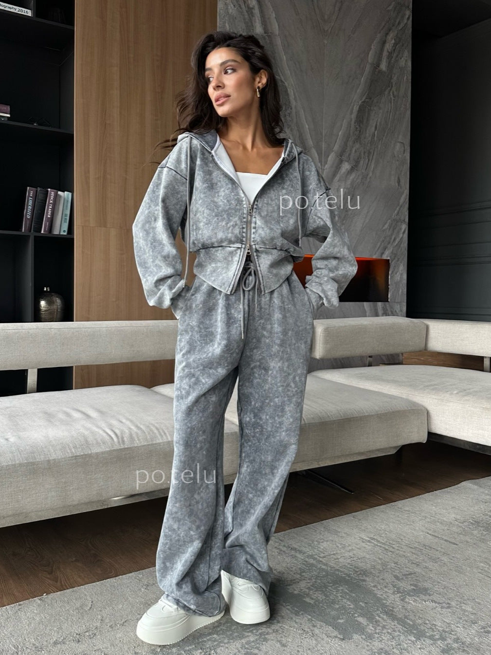 Acid Wash Zip Up Hoodie and Wide Leg Sweatpants Set
