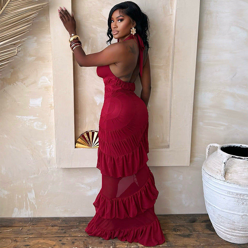 V-Neck Tie Ruffle Bodycon Dress