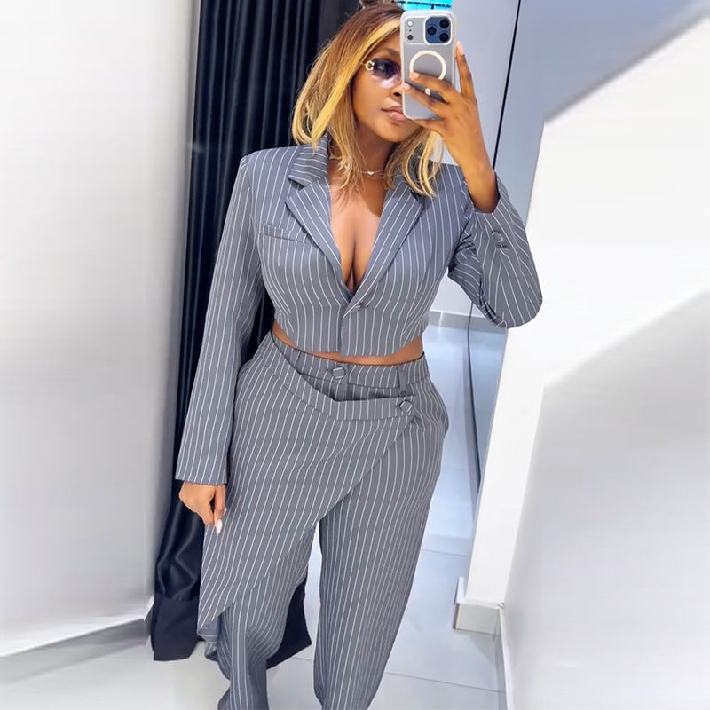 V-Neck Blazer & Striped Pants Set