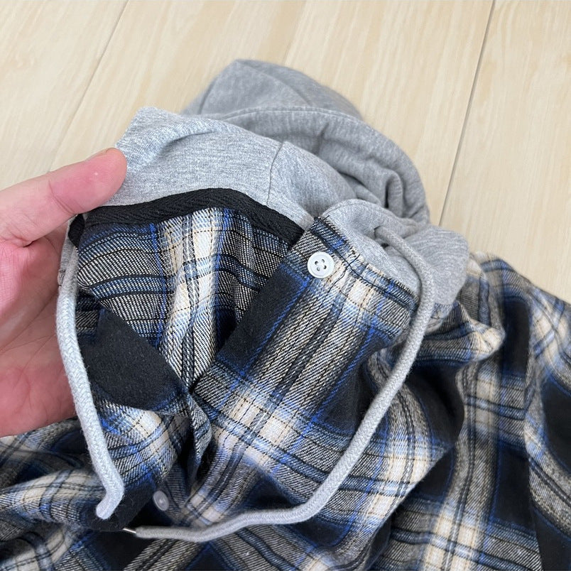 90 cotton vintage plaid shirt casual hooded long sleeve breasted top loose BF style lazy Korean shirt for women