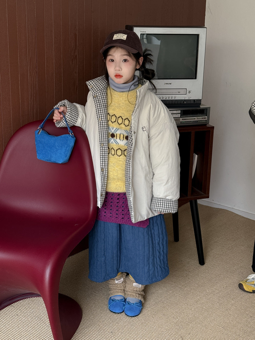 Kids' Plaid Padded Stand-Collar Jacket