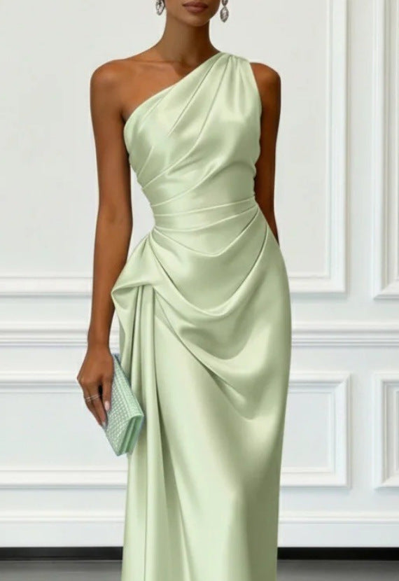 One-Shoulder Draped Dress - Light Green