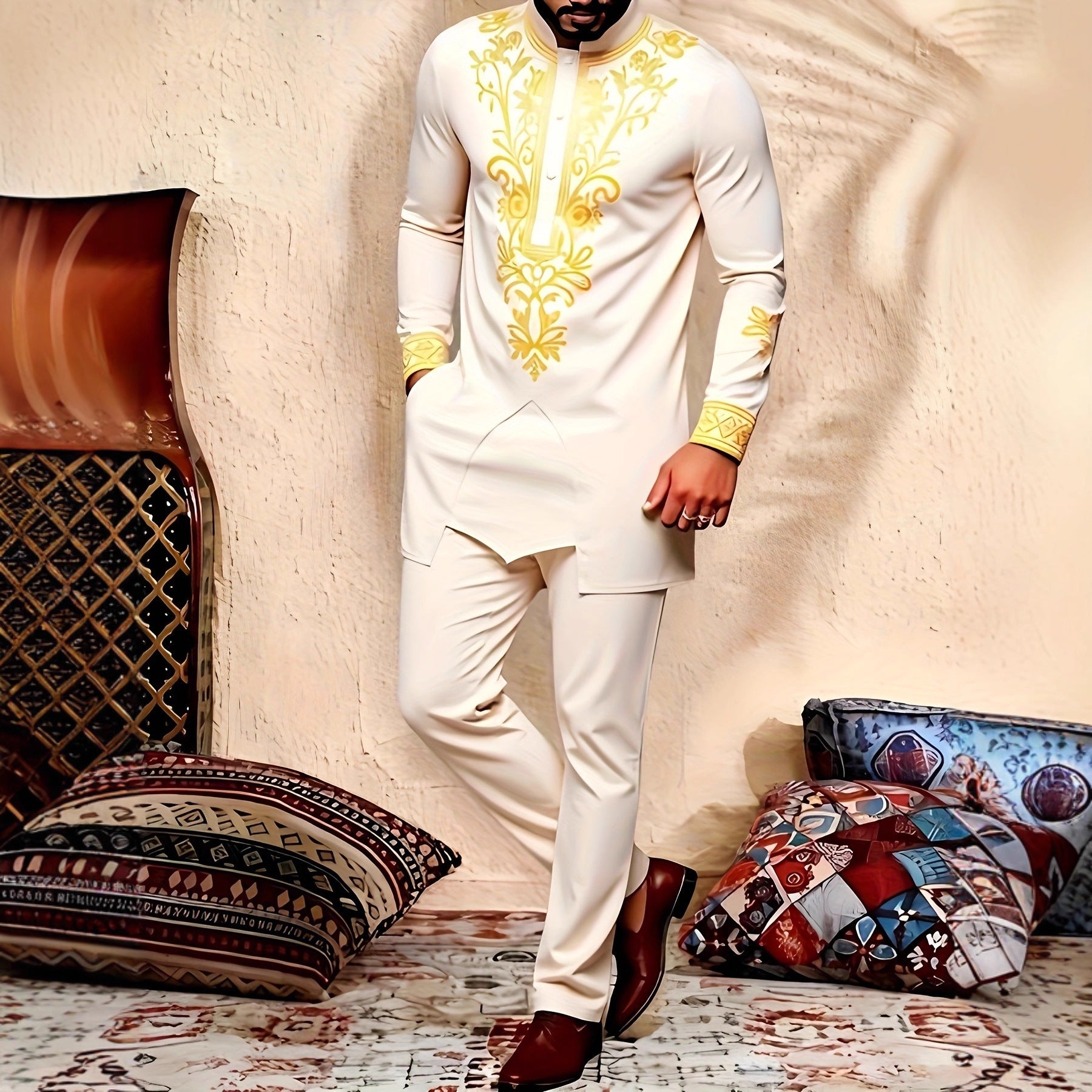Traditional Muslim African Style Men Wedding New Suit 2 Piece Set Round Neck Long Sleeve Top Plus Pants Foreign Trade